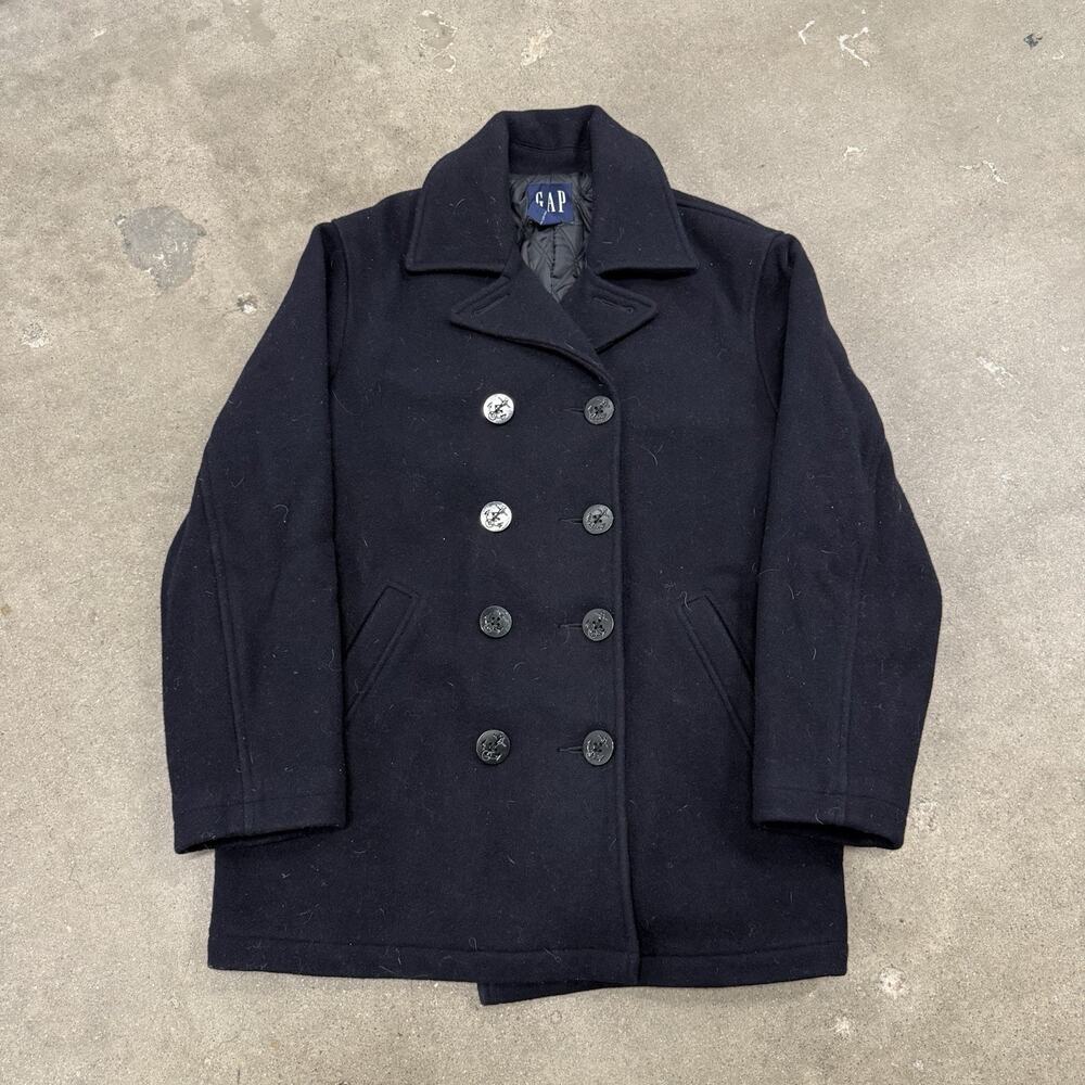 Vintage 90s GAP Mens Navy Blue Pea Coat Double Breasted Wool Blend Size Medium